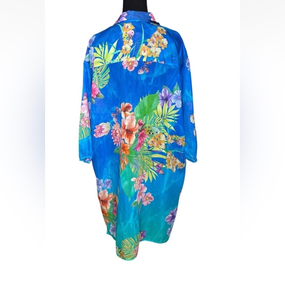 Johnny Was Water Tropic shirt Dress Medium M Coverup Top Tunic Blue Floral Shirt - Picture 4 of 5
